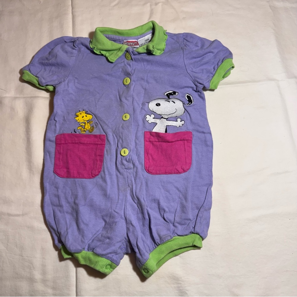 Vintage 1980s Peanuts Woodstock And Snoopy Baby Girl Romper Size 18m Purple
